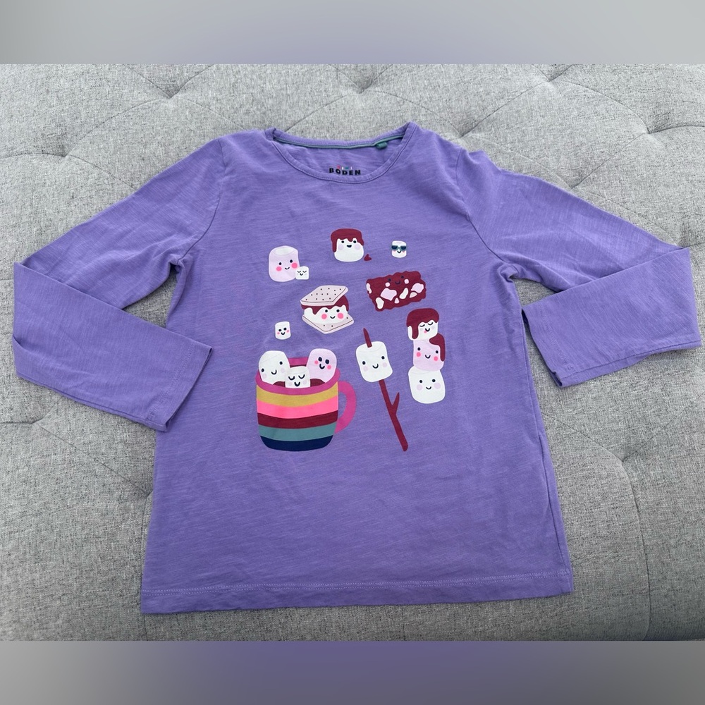 EUC BODEN COCCOA AND SMORE’S MARSHMALLOW PURPLE LONG SLEEVE TEE TSHIRT SIZE 8